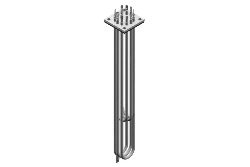 Heizelement von Bosch mit mehrfach gebogenen Rohren und einer Montageplatte oben. Geeignet für verschiedene Heizsysteme.